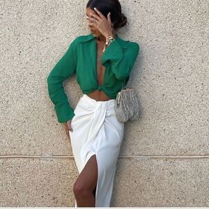 Zara Knotted Long Sleeve Crop Top Green M